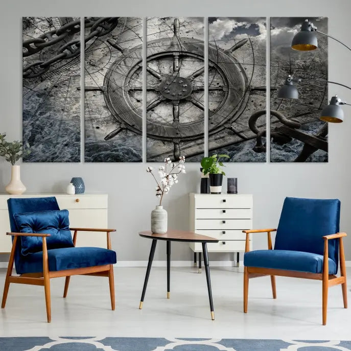 The living room features the Ship Steering Wheel Vintage Wall Art Canvas Print in a triptych format.