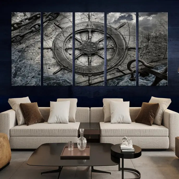 The living room features the Ship Steering Wheel Vintage Wall Art Canvas Print in a triptych format.