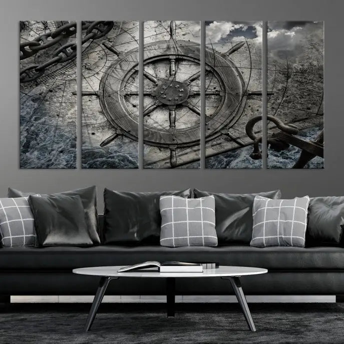 The living room features the Ship Steering Wheel Vintage Wall Art Canvas Print in a triptych format.