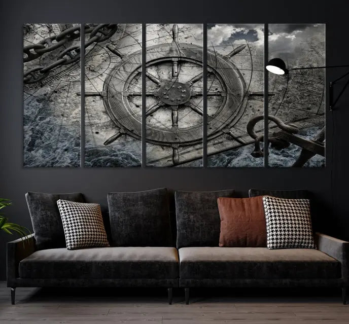 The living room features the Ship Steering Wheel Vintage Wall Art Canvas Print in a triptych format.