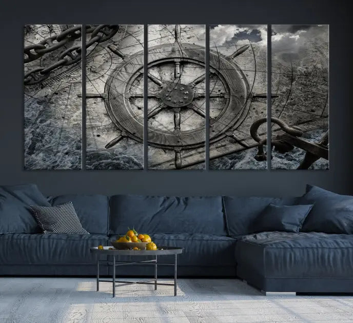 The living room features the Ship Steering Wheel Vintage Wall Art Canvas Print in a triptych format.