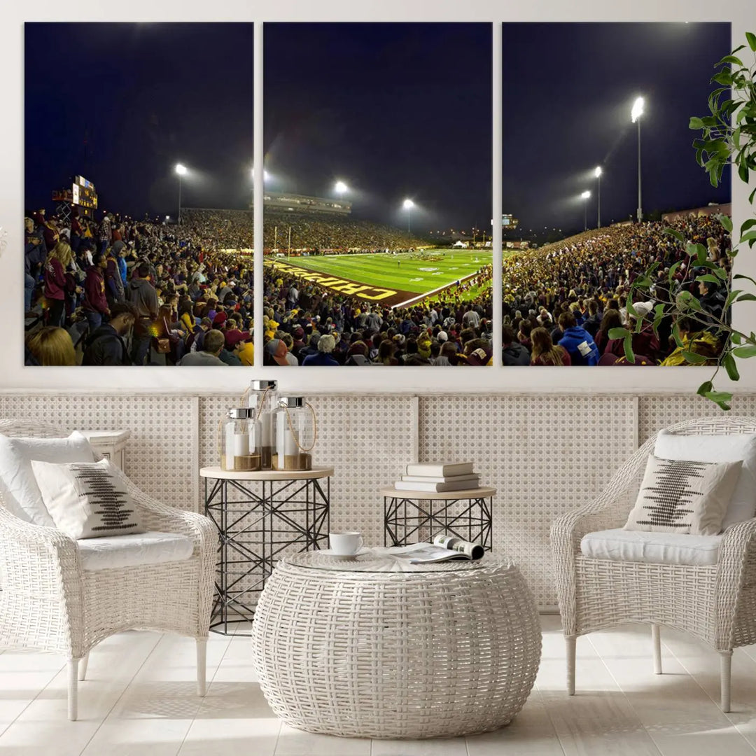 Experience the vibrant energy of a crowded football night under the bright lights of Kelly/Shorts Stadium, captured in our "Central Michigan University Chippewas Football Team Print - Mount Pleasant Kelly/Shorts Stadium Wall Art Canvas Print." This triple canvas wall art encapsulates excitement in every corner.