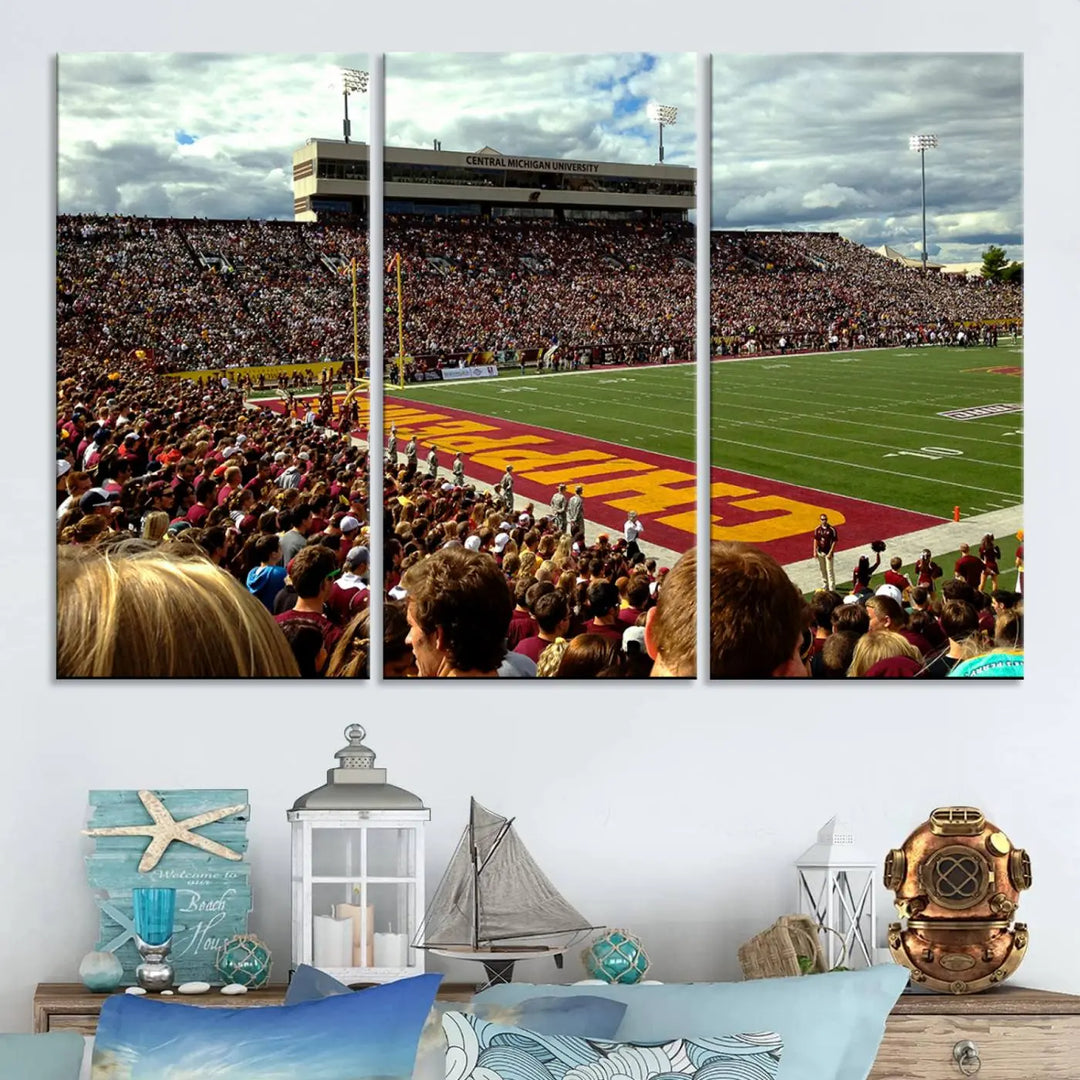 Hanging in the living room is the "Central Michigan University Chippewas Football Team Print," a gallery-quality canvas that features Mount Pleasant's Kelly/Shorts Stadium.