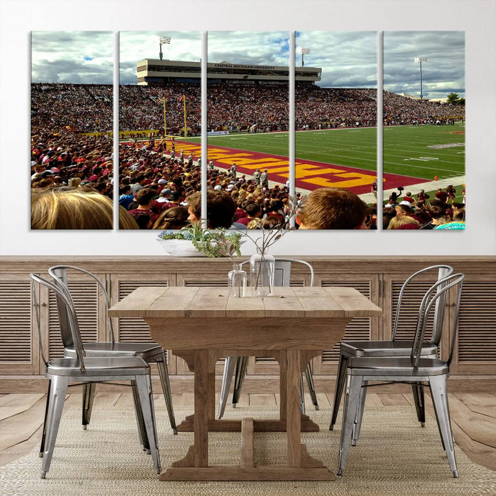 Hanging in the living room is the "Central Michigan University Chippewas Football Team Print," a gallery-quality canvas that features Mount Pleasant's Kelly/Shorts Stadium.