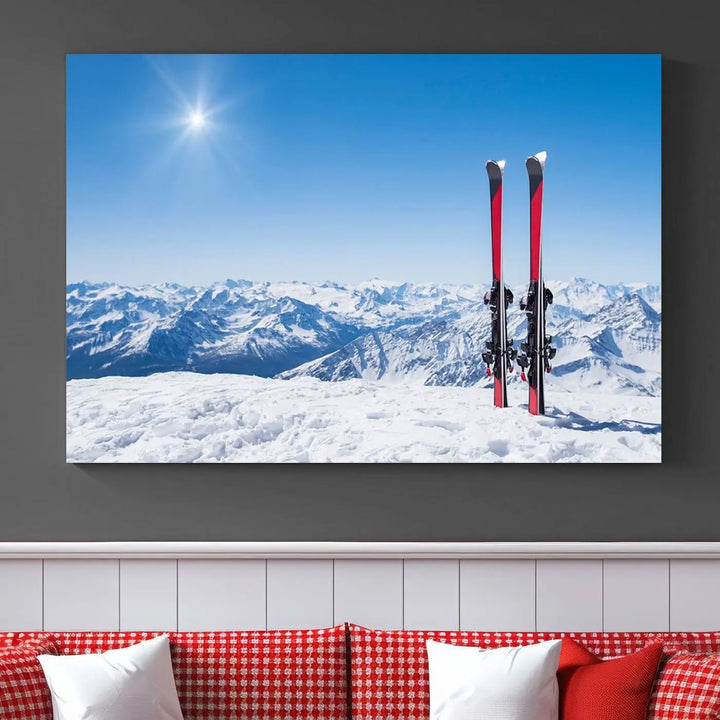 The Ski Season Snow Wall Art Canvas Print, crafted from museum-quality polycotton and featuring three panels, beautifully captures a snowy mountain landscape with skis. These gallery-wrapped canvas prints create an elegant display.