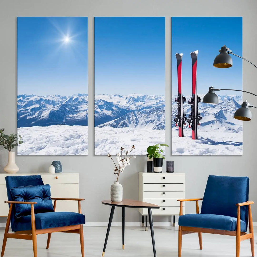 The Ski Season Snow Wall Art Canvas Print, crafted from museum-quality polycotton and featuring three panels, beautifully captures a snowy mountain landscape with skis. These gallery-wrapped canvas prints create an elegant display.