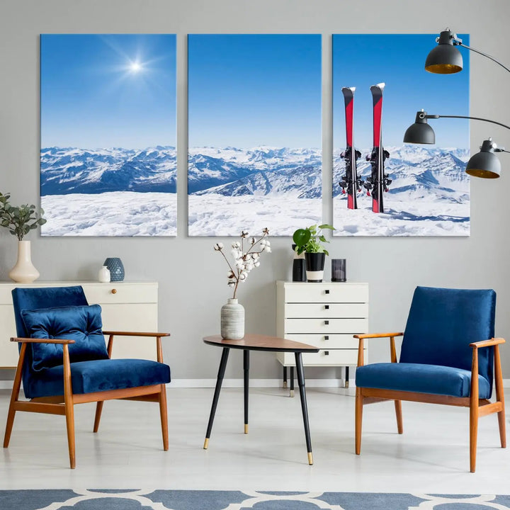 The Ski Season Snow Wall Art Canvas Print, crafted from museum-quality polycotton and featuring three panels, beautifully captures a snowy mountain landscape with skis. These gallery-wrapped canvas prints create an elegant display.