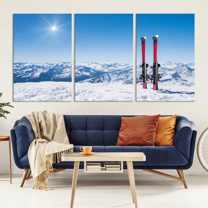 The Ski Season Snow Wall Art Canvas Print, crafted from museum-quality polycotton and featuring three panels, beautifully captures a snowy mountain landscape with skis. These gallery-wrapped canvas prints create an elegant display.