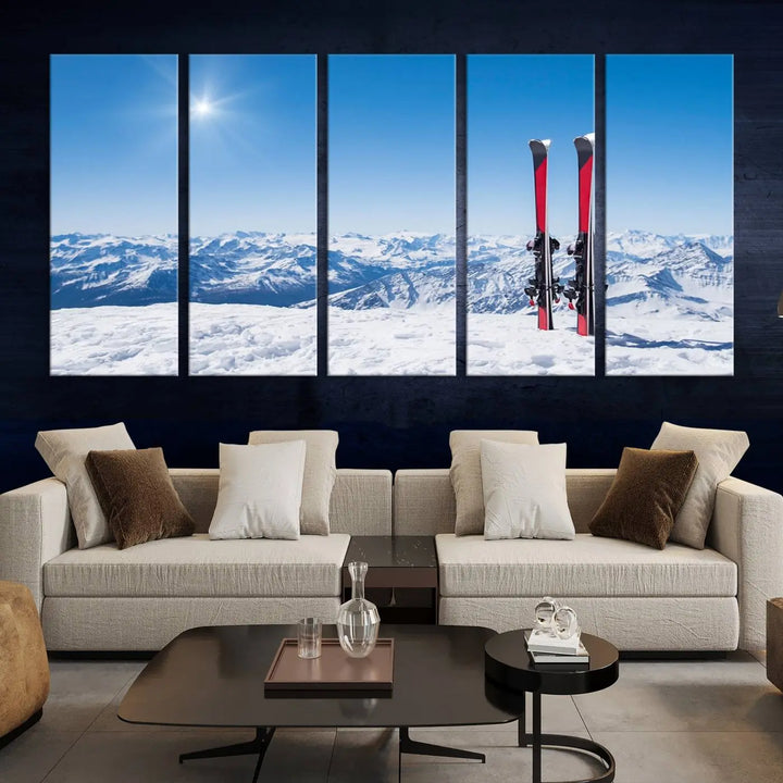 The Ski Season Snow Wall Art Canvas Print, crafted from museum-quality polycotton and featuring three panels, beautifully captures a snowy mountain landscape with skis. These gallery-wrapped canvas prints create an elegant display.