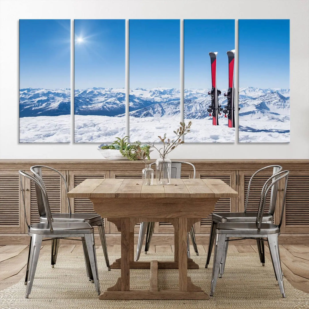 The Ski Season Snow Wall Art Canvas Print, crafted from museum-quality polycotton and featuring three panels, beautifully captures a snowy mountain landscape with skis. These gallery-wrapped canvas prints create an elegant display.