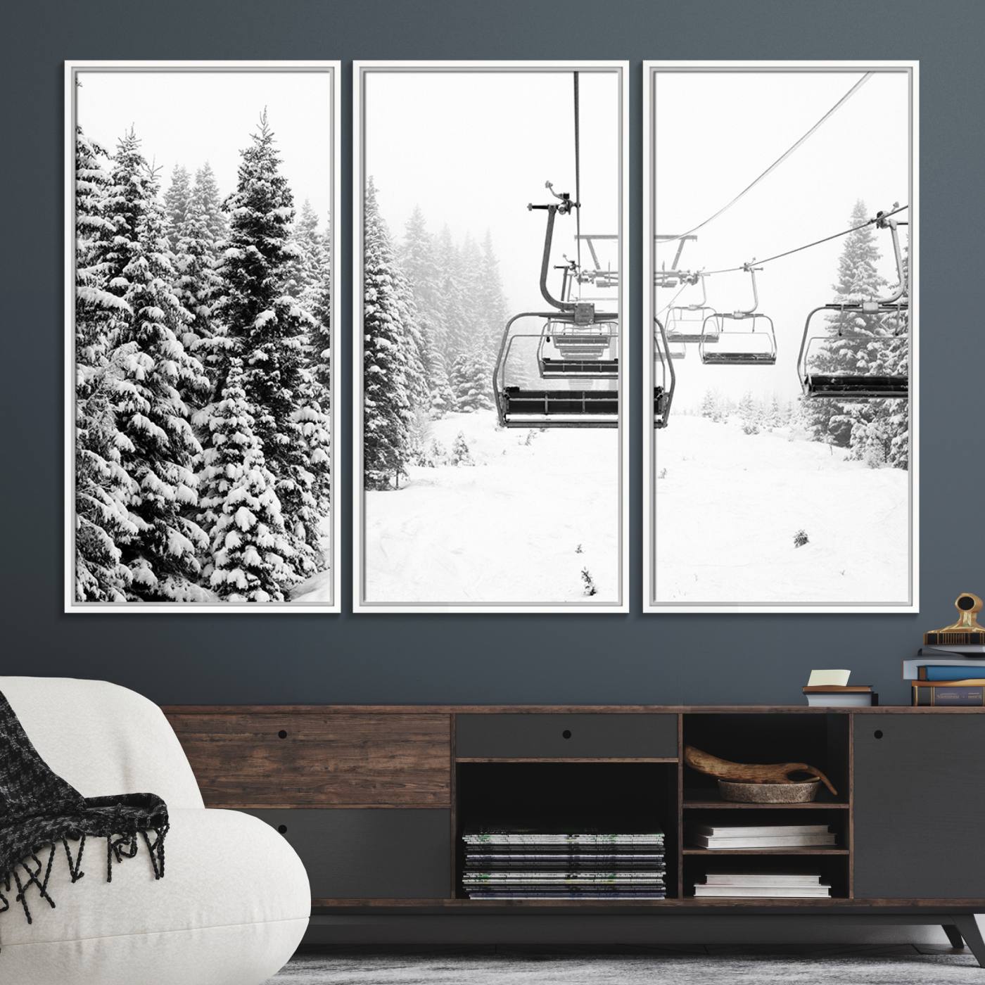 70609-MGV-FC-48X32-3P_White-Ski Wall Art - Ski Lift Wall Art Canvas Print Snow Covered Spruce Trees Winter Wall Art Ski Skier Gift Ski Resort Canvas Wall Art