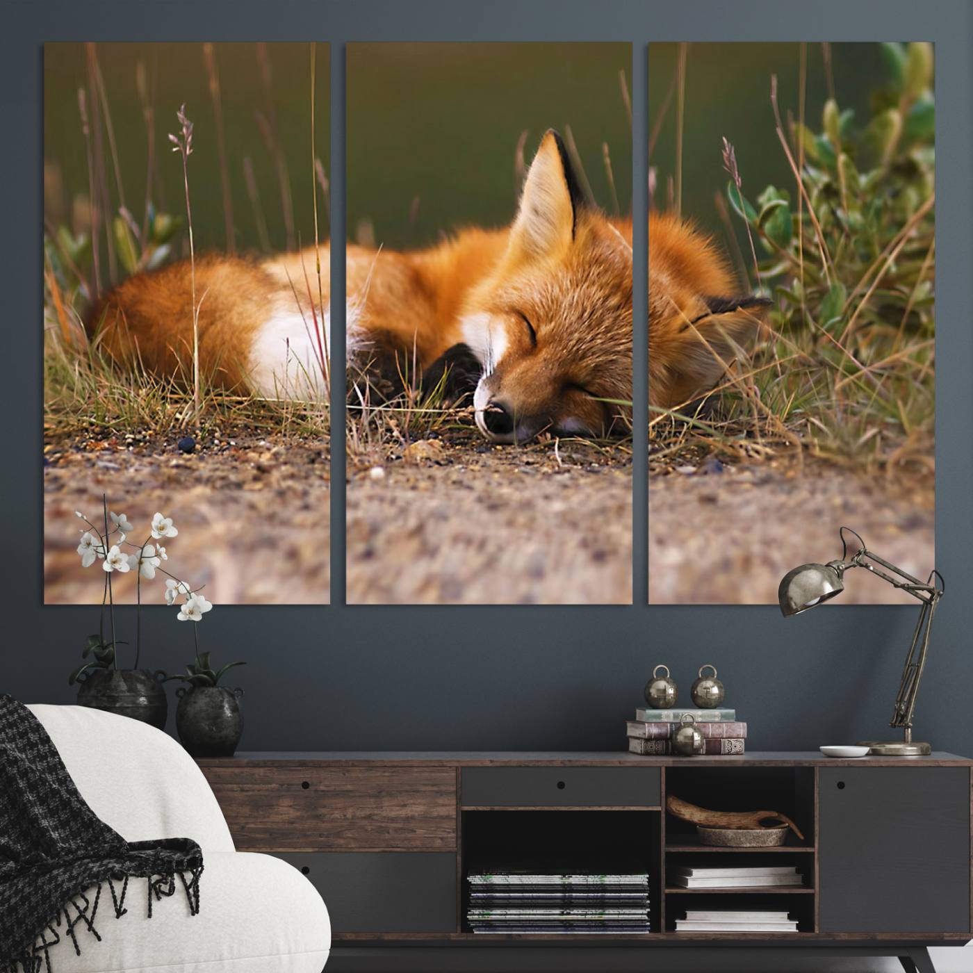 25085-MGV-CV-48X32-3P-Sleeping Fox Wall Art Canvas Print, Farmhouse Wall Decor and Animal Wall Art Print