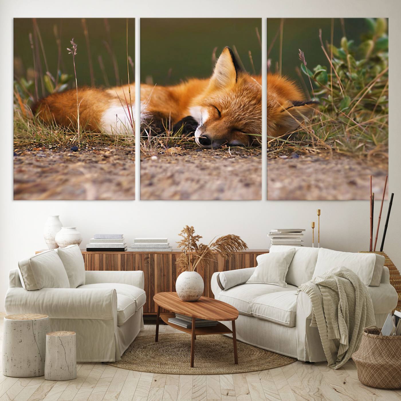 25085-MGV-CV-60X30-3P-Sleeping Fox Wall Art Canvas Print, Farmhouse Wall Decor and Animal Wall Art Print