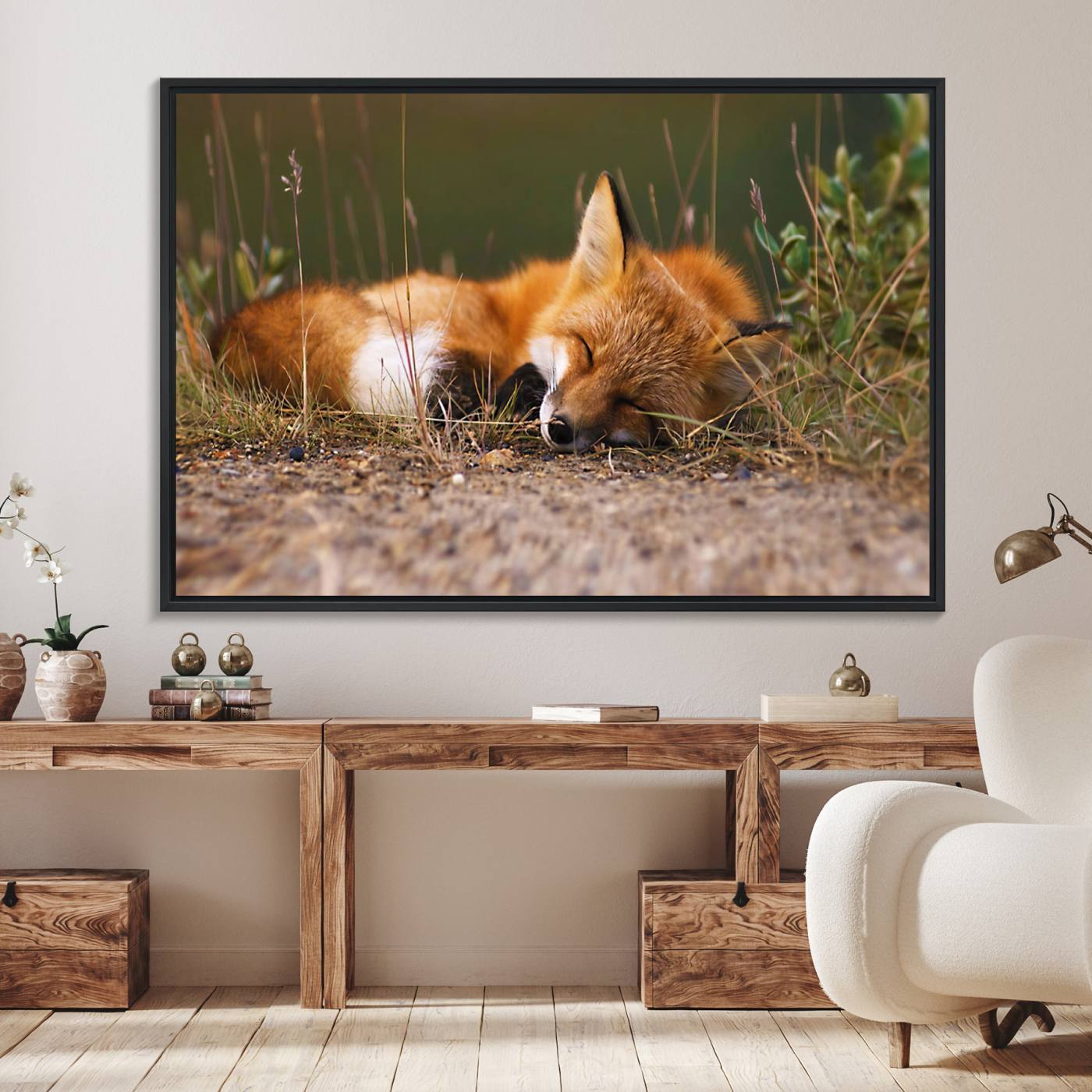 25085-MGV-FC-36X24_Black-Sleeping Fox Wall Art Canvas Print, Farmhouse Wall Decor and Animal Wall Art Print