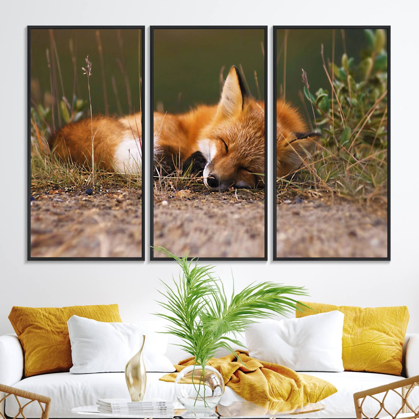 25085-MGV-FC-48X32-3P_Black-Sleeping Fox Wall Art Canvas Print, Farmhouse Wall Decor and Animal Wall Art Print