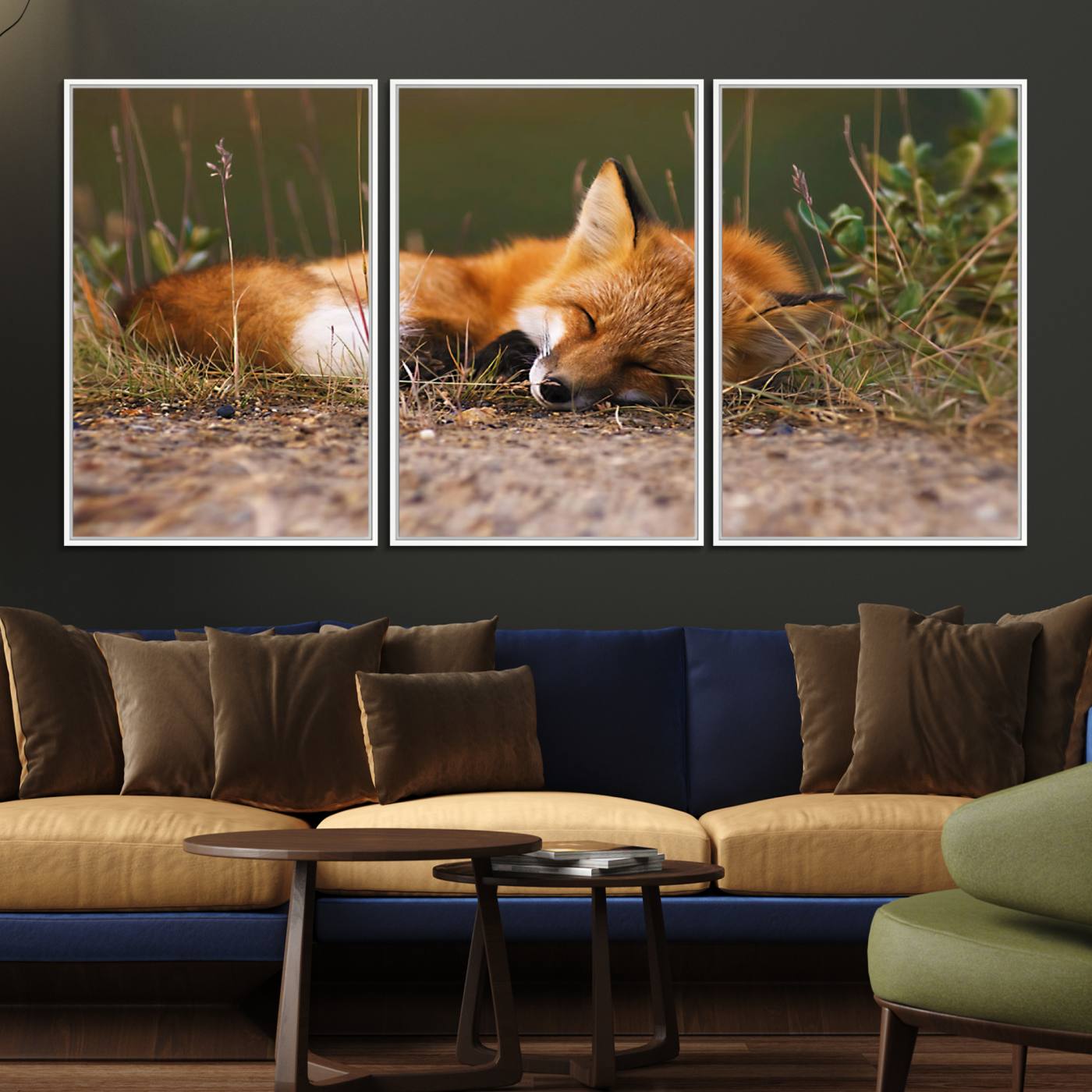 25085-MGV-FC-60X30-3P_White-Sleeping Fox Wall Art Canvas Print, Farmhouse Wall Decor and Animal Wall Art Print