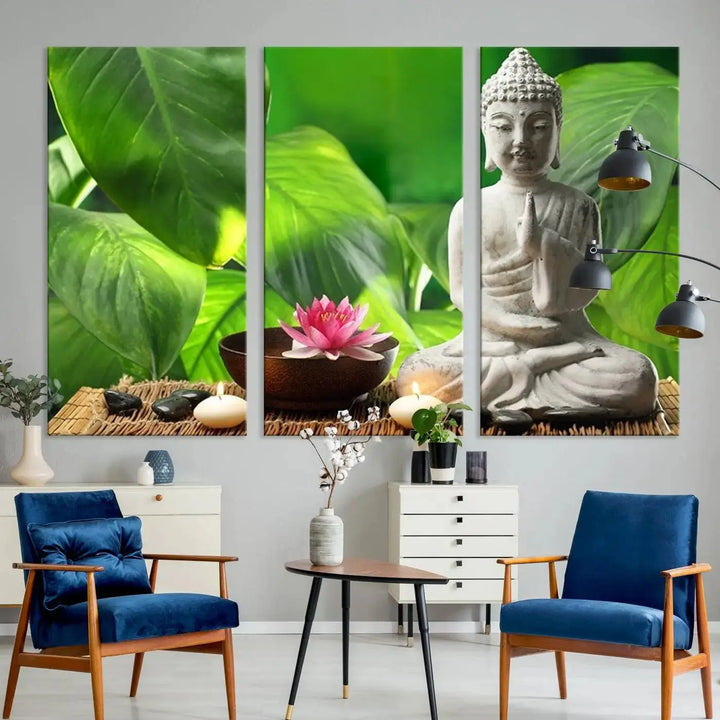 A tranquil room showcases a triptych of green leaves on museum-quality canvases, each piece readily available to hang.