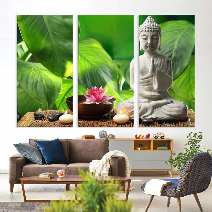 A tranquil room showcases a triptych of green leaves on museum-quality canvases, each piece readily available to hang.