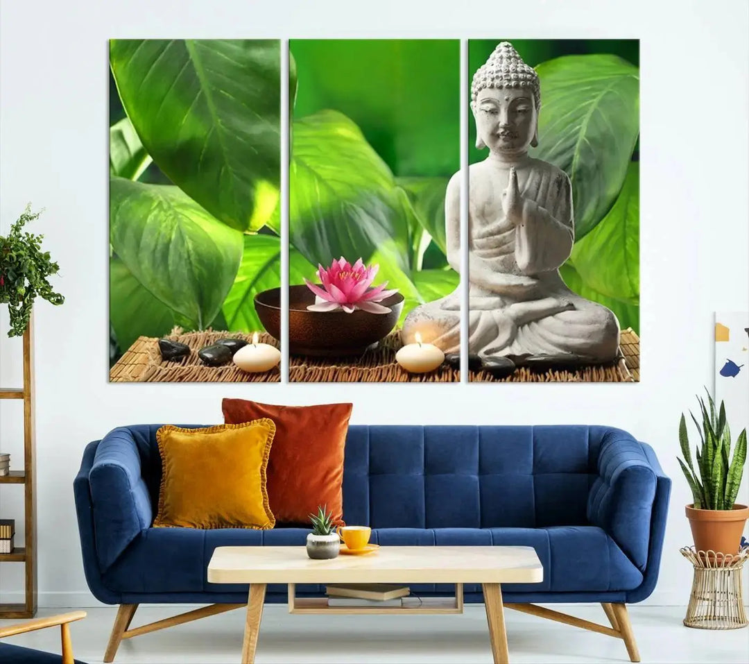 A tranquil room showcases a triptych of green leaves on museum-quality canvases, each piece readily available to hang.