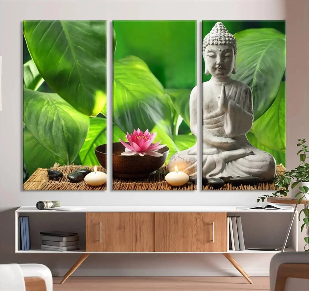 A tranquil room showcases a triptych of green leaves on museum-quality canvases, each piece readily available to hang.