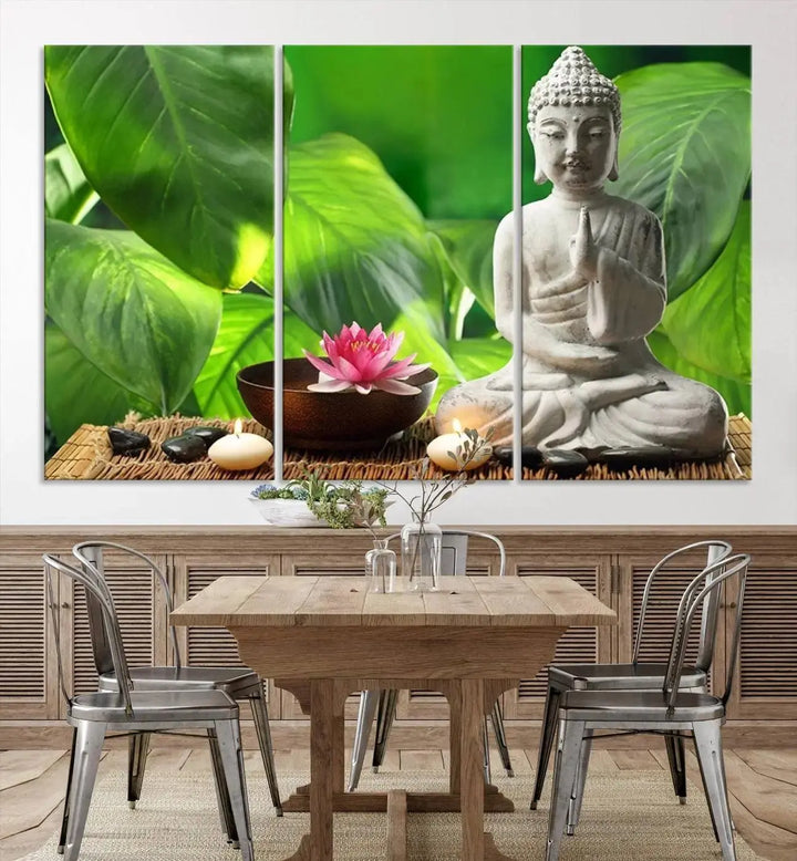 A tranquil room showcases a triptych of green leaves on museum-quality canvases, each piece readily available to hang.