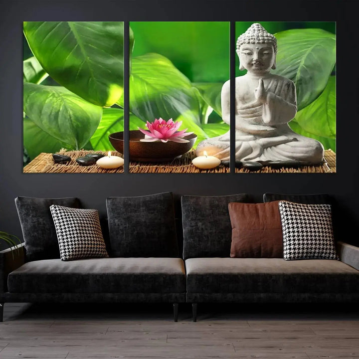 A tranquil room showcases a triptych of green leaves on museum-quality canvases, each piece readily available to hang.