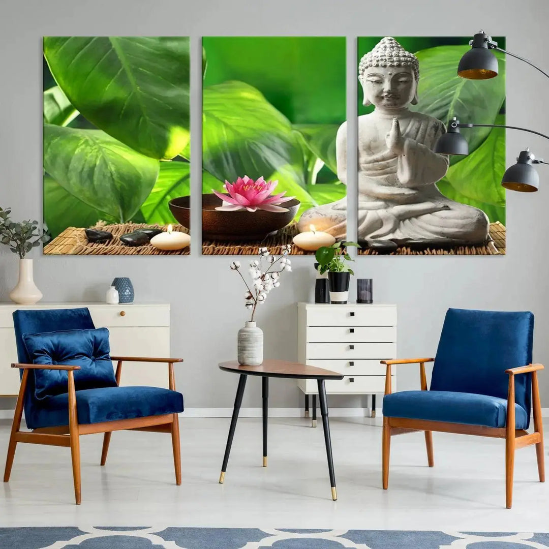 A tranquil room showcases a triptych of green leaves on museum-quality canvases, each piece readily available to hang.