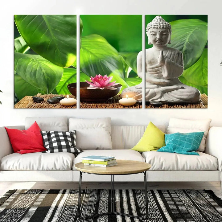 A tranquil room showcases a triptych of green leaves on museum-quality canvases, each piece readily available to hang.