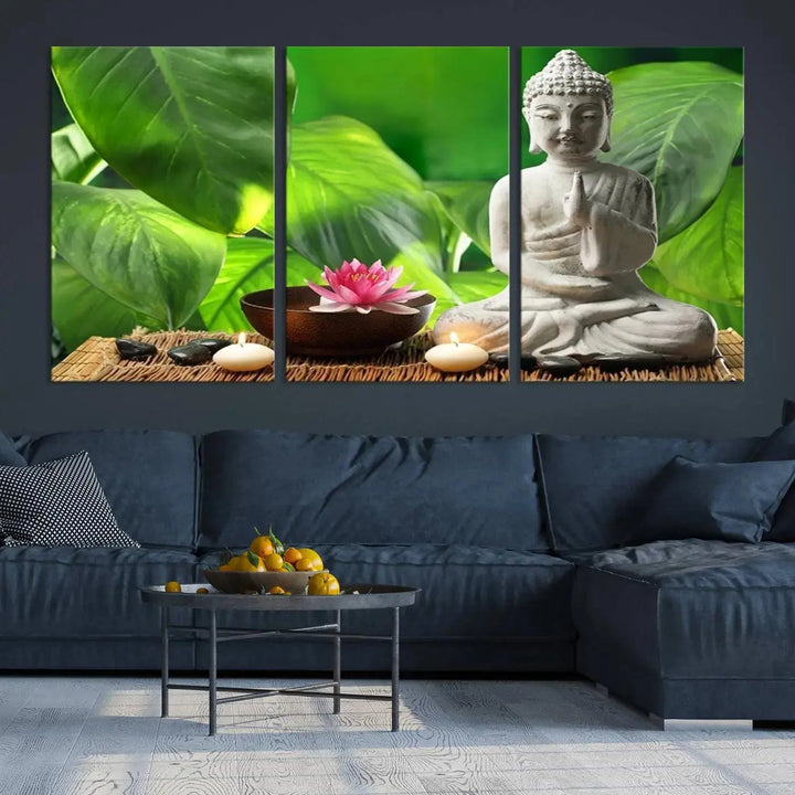 A tranquil room showcases a triptych of green leaves on museum-quality canvases, each piece readily available to hang.