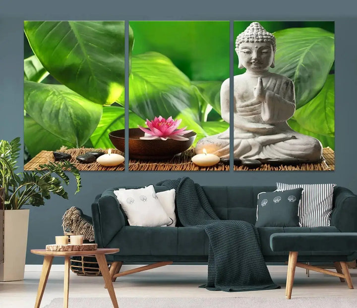 A tranquil room showcases a triptych of green leaves on museum-quality canvases, each piece readily available to hang.