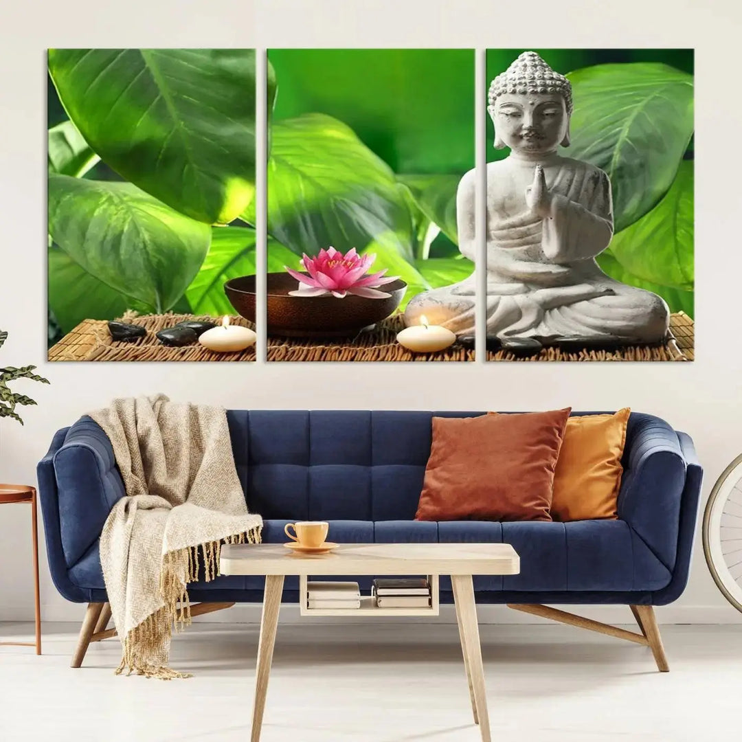 A tranquil room showcases a triptych of green leaves on museum-quality canvases, each piece readily available to hang.