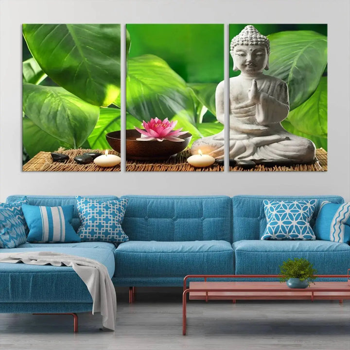 A tranquil room showcases a triptych of green leaves on museum-quality canvases, each piece readily available to hang.