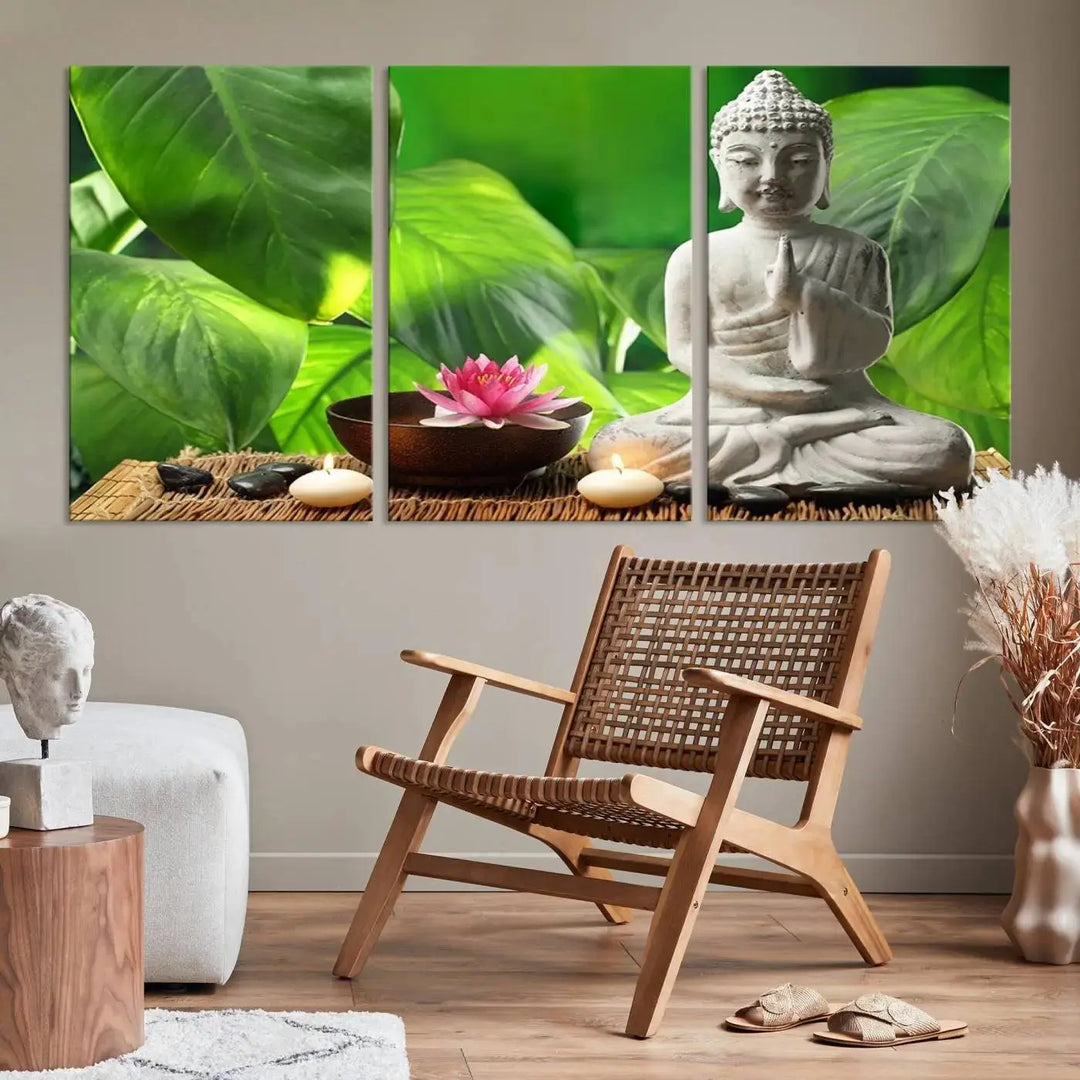 A tranquil room showcases a triptych of green leaves on museum-quality canvases, each piece readily available to hang.