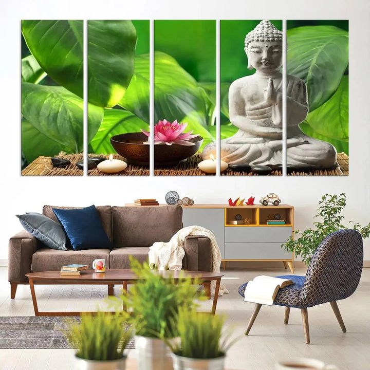 A tranquil room showcases a triptych of green leaves on museum-quality canvases, each piece readily available to hang.