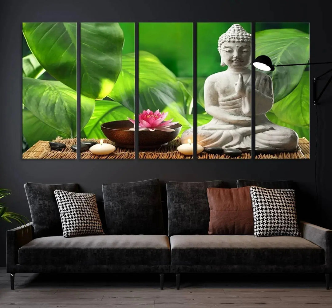 A tranquil room showcases a triptych of green leaves on museum-quality canvases, each piece readily available to hang.