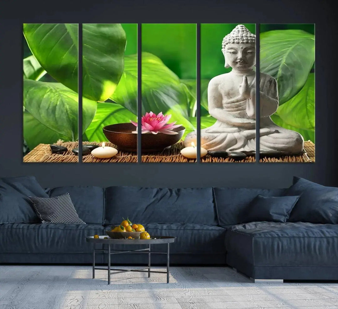 A tranquil room showcases a triptych of green leaves on museum-quality canvases, each piece readily available to hang.