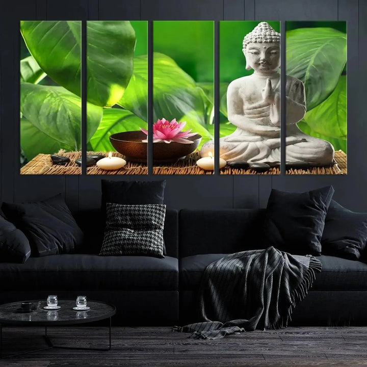 A tranquil room showcases a triptych of green leaves on museum-quality canvases, each piece readily available to hang.