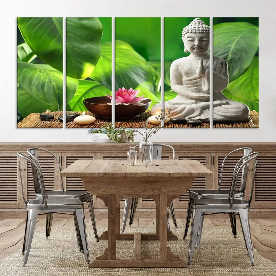 A tranquil room showcases a triptych of green leaves on museum-quality canvases, each piece readily available to hang.