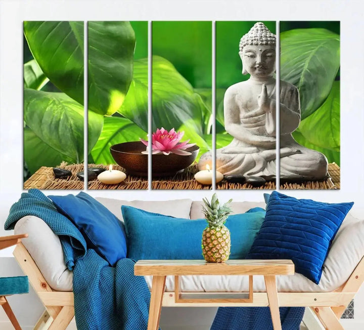 A tranquil room showcases a triptych of green leaves on museum-quality canvases, each piece readily available to hang.