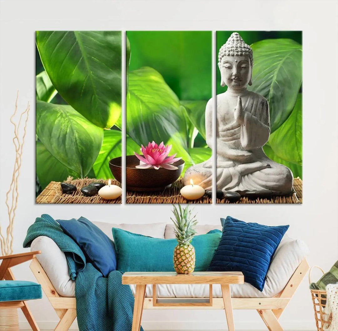 A tranquil room showcases a triptych of green leaves on museum-quality canvases, each piece readily available to hang.