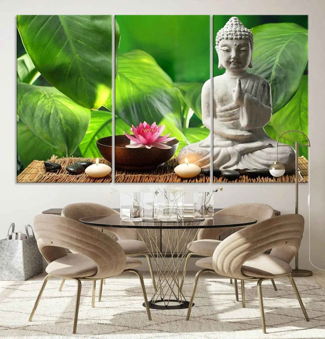 A tranquil room showcases a triptych of green leaves on museum-quality canvases, each piece readily available to hang.