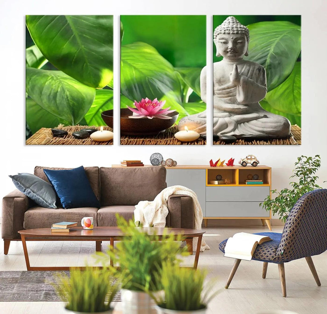 A tranquil room showcases a triptych of green leaves on museum-quality canvases, each piece readily available to hang.