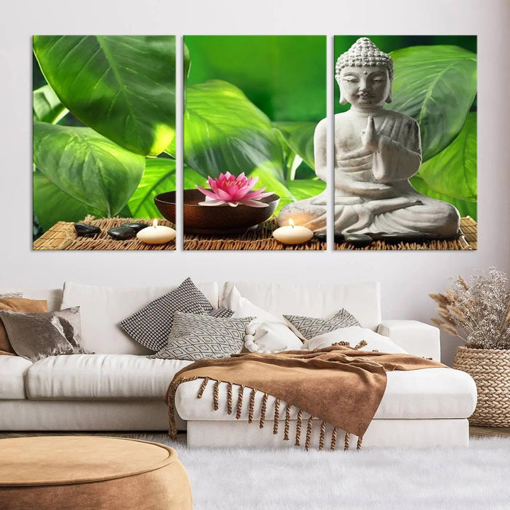 A tranquil room showcases a triptych of green leaves on museum-quality canvases, each piece readily available to hang.