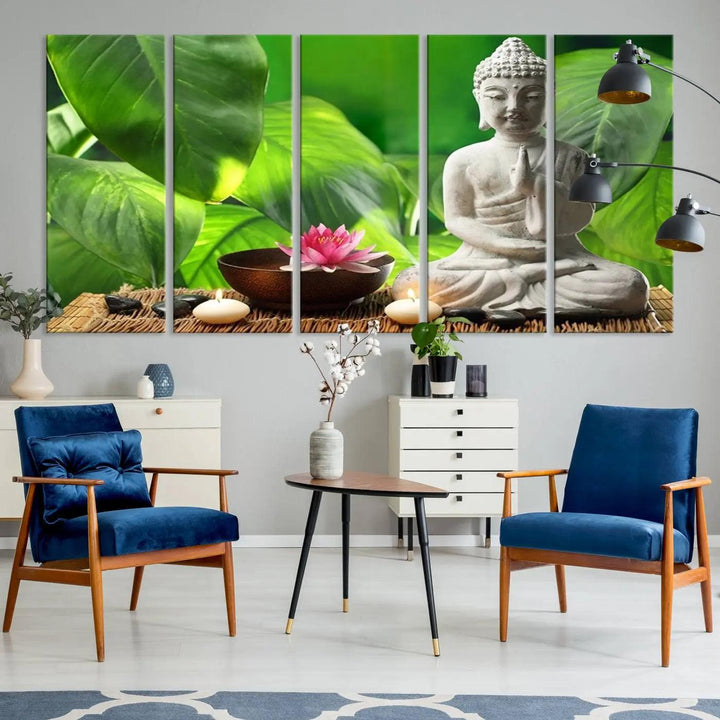 A tranquil room showcases a triptych of green leaves on museum-quality canvases, each piece readily available to hang.