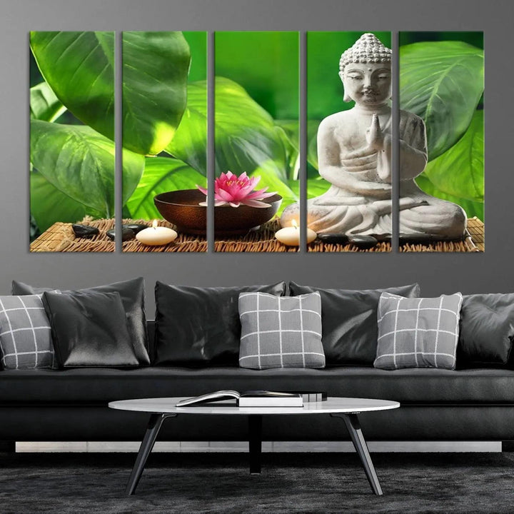 A tranquil room showcases a triptych of green leaves on museum-quality canvases, each piece readily available to hang.