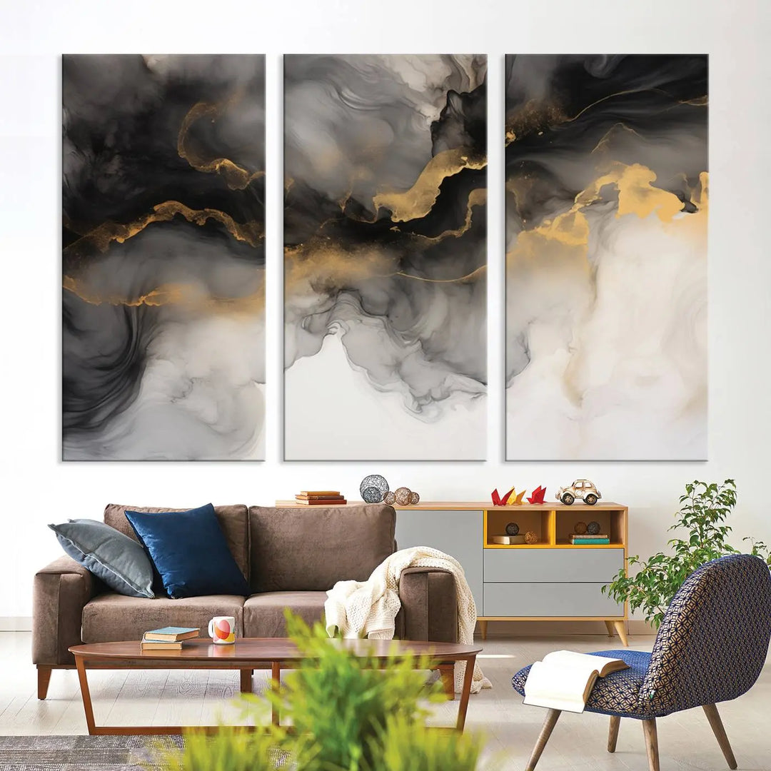 A modern living room highlights the Smoke Abstract Wall Art Canvas Print with museum-quality canvas and UV-protective coating.