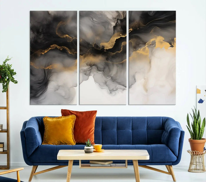 A modern living room highlights the Smoke Abstract Wall Art Canvas Print with museum-quality canvas and UV-protective coating.