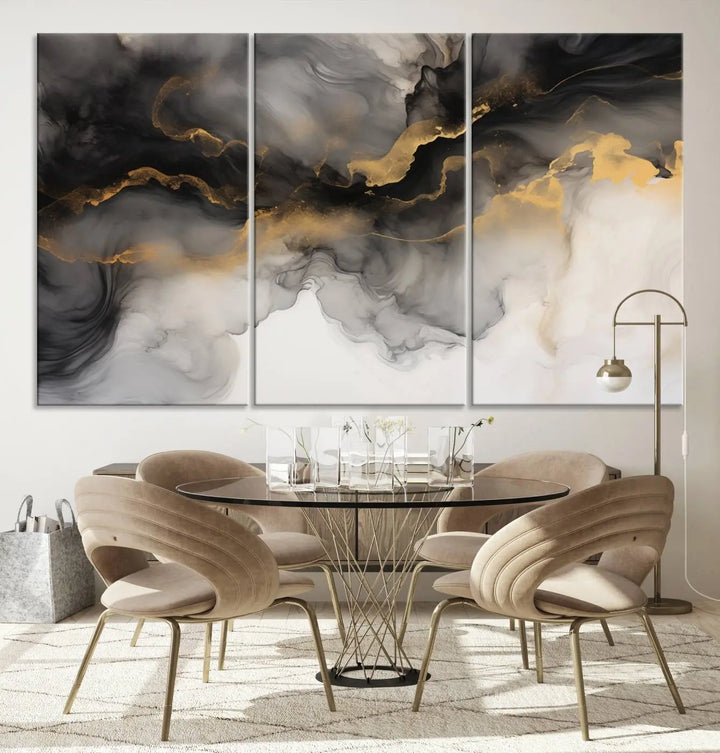 A modern living room highlights the Smoke Abstract Wall Art Canvas Print with museum-quality canvas and UV-protective coating.