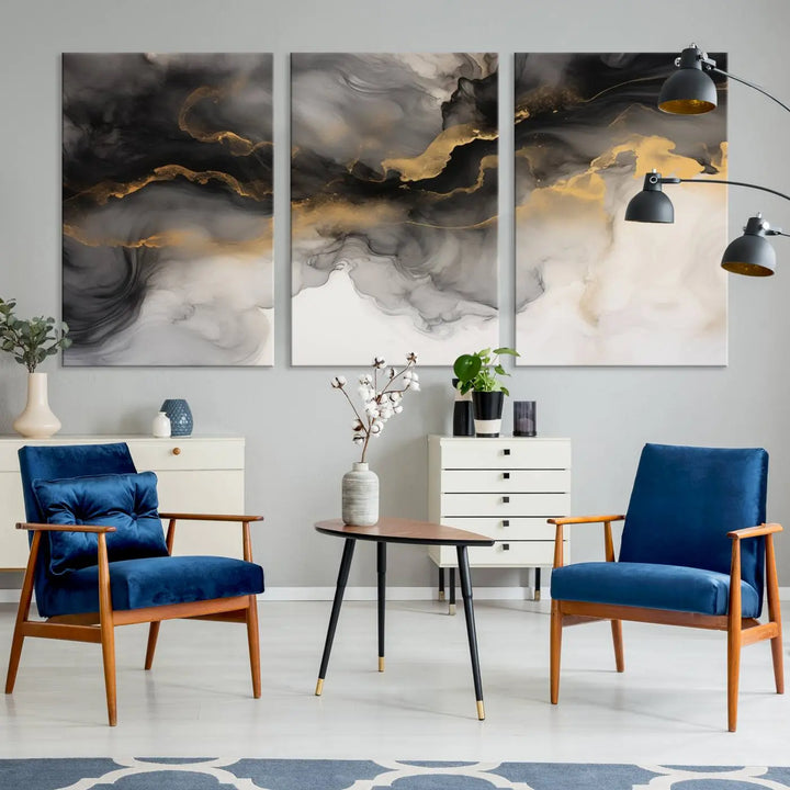 A modern living room highlights the Smoke Abstract Wall Art Canvas Print with museum-quality canvas and UV-protective coating.