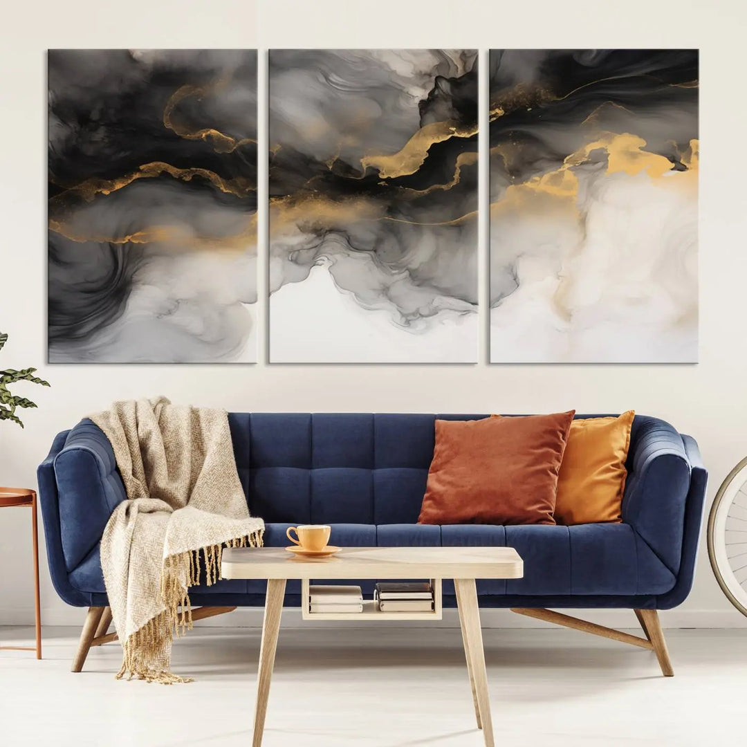 A modern living room highlights the Smoke Abstract Wall Art Canvas Print with museum-quality canvas and UV-protective coating.